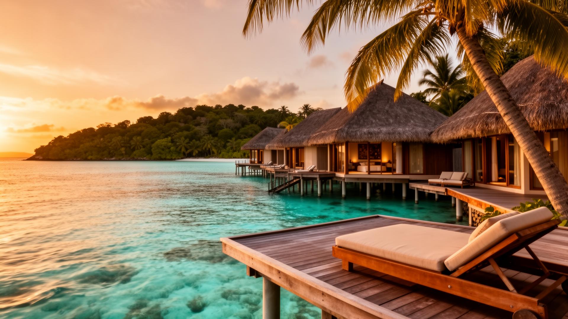 Overwater bungalows with thatched roofs above a turquoise lagoon at sunset