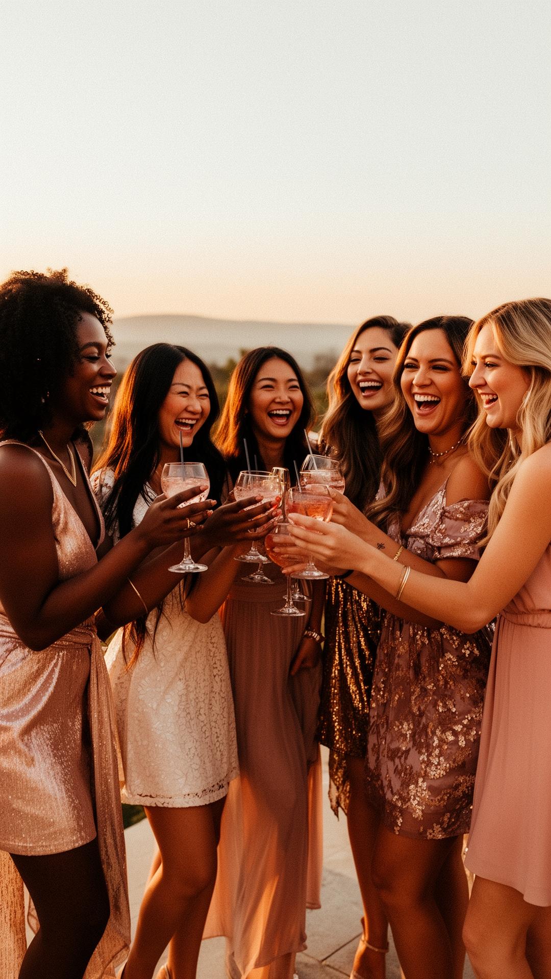 Group of women laughing on a sunset rooftop pool